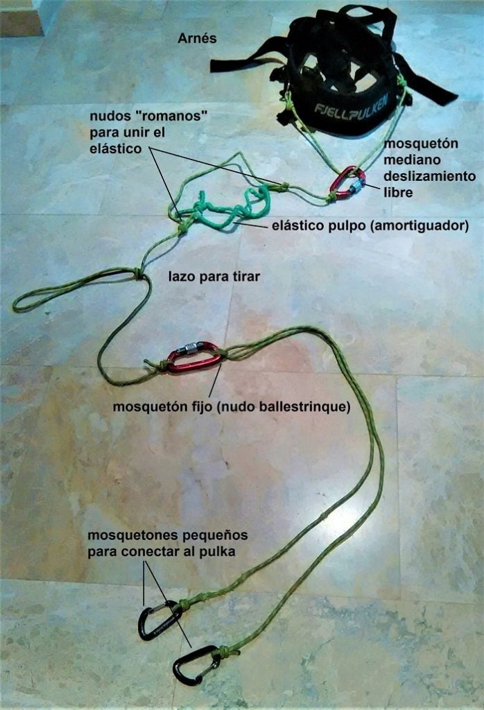 Sistema de arrastre mediante cordino de 6 milímetros de diámetro. Aspecto del montaje después de haber hecho 475 kilómetros de travesía.