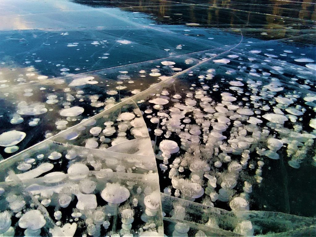 Grandes superficies de burbujas de gas metano contenidas en el interior del hielo.