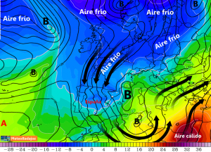 Análisis de isobaras + masas de aire, previsto para el Sábado 6 de abril de 2013, a las 12h.